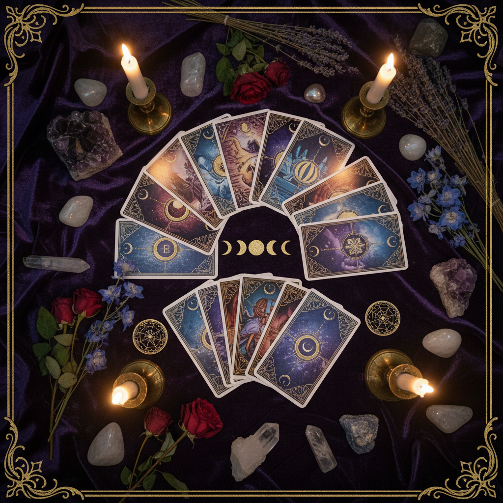 Mystical tarot card reading flat lay with crystals and candlelight