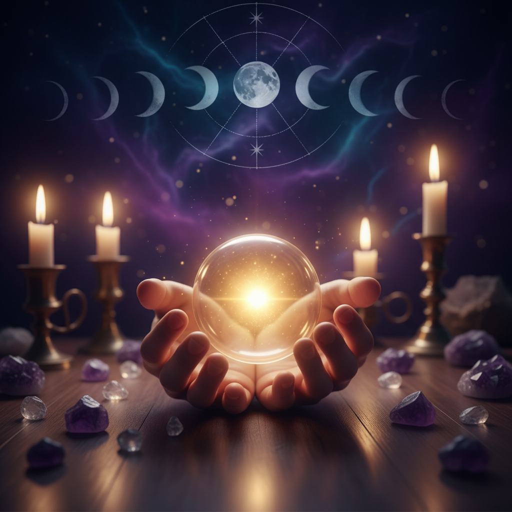 Glowing hands cradling light surrounded by crystals and moon phases for House of Luna Reading Fund