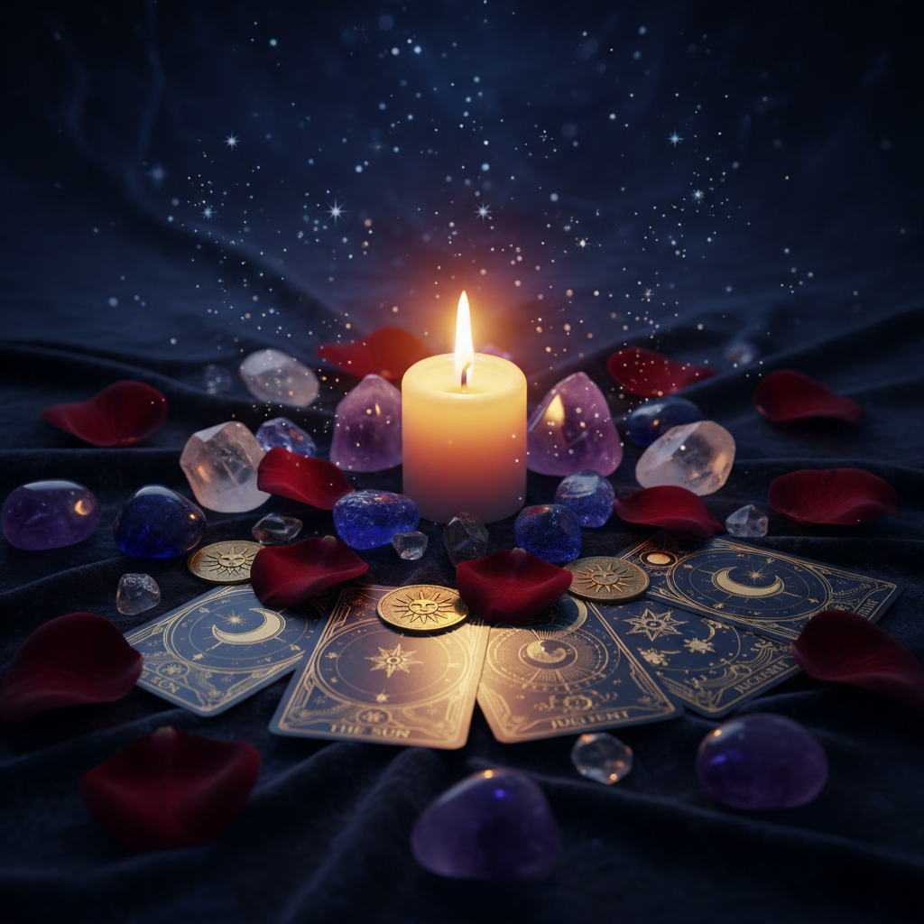 Glowing candle surrounded by crystals, rose petals and gold for House of Luna tip jar